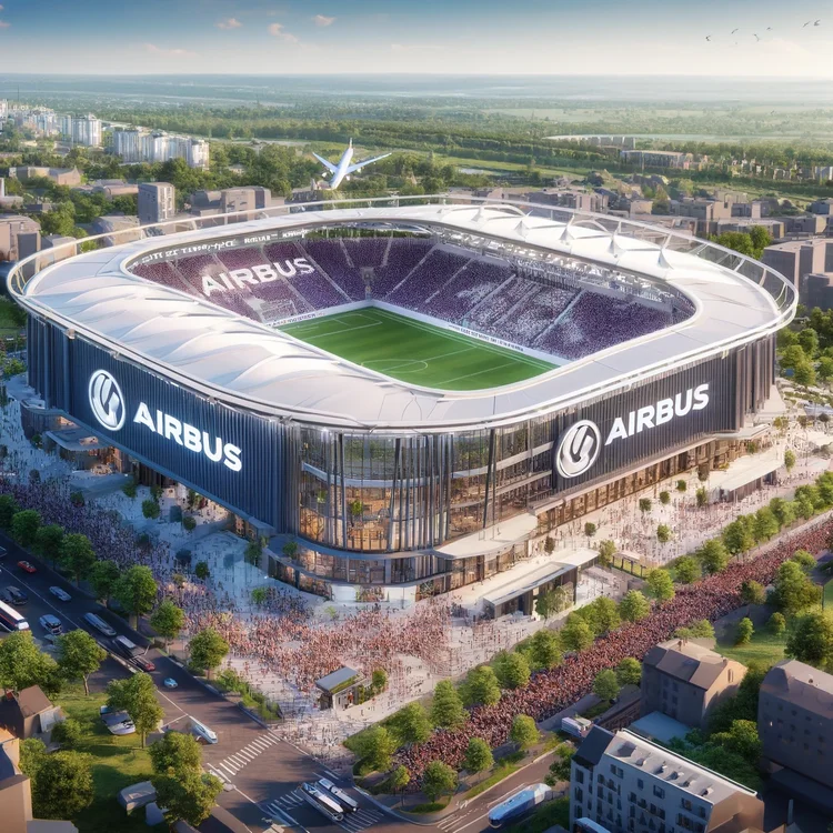 DALL·E 2024-05-23 15.20.15 - A realistic illustration of the proposed Airbus Stadium in Toulouse. The stadium has a seating capacity of around 55,000 to 60,000. It features modern.webp