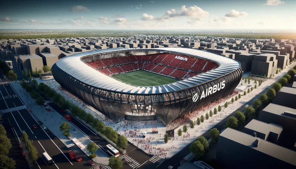 DALL·E 2024-05-23 15.37.49 - A realistic illustration of the proposed Airbus Stadium in Toulouse, with a seating capacity of around 55,000 to 60,000. The stadium features modern a.webp